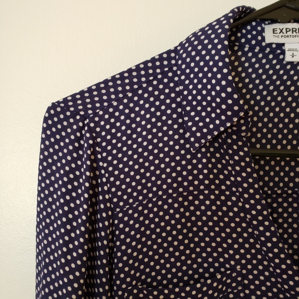 EXPRESS Blue White Polka Dot Portofino Shirt Sze S